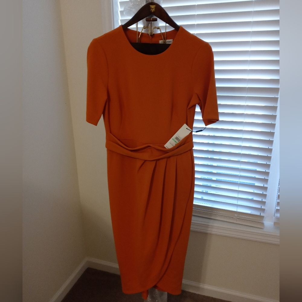 NWT CALVIN KLIEN Size 8 Tailored Pleated Fitted Orange Dress